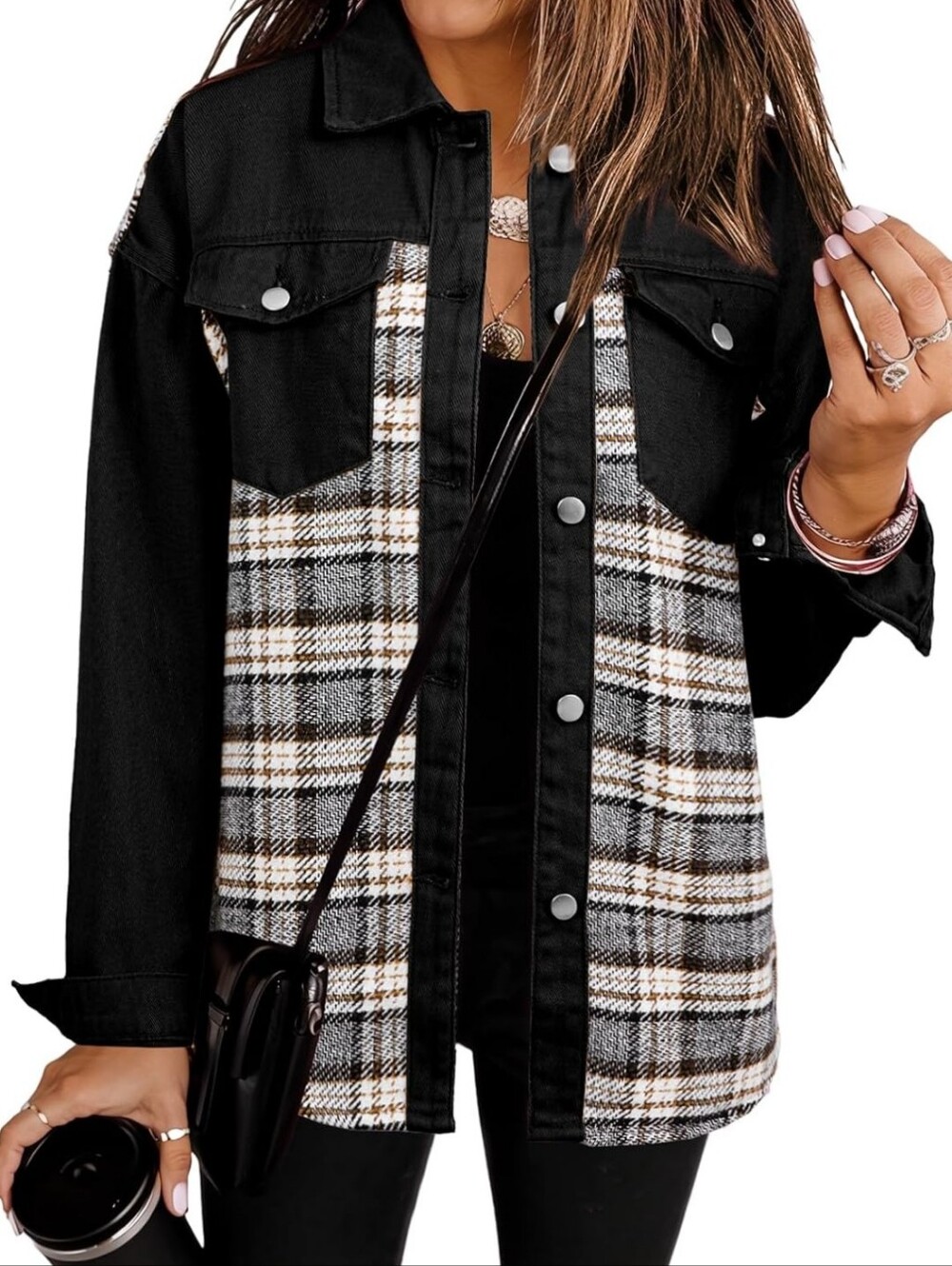 Womens Oversized Denim Jacket Casual Long Sleeve Button Down Plaid Shacket